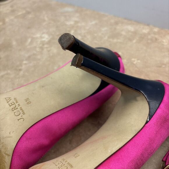 J Crew Women Pink Satin Heels Navy Blue Patent Leather Toe Heels T Strap 8.5 - Picture 11 of 11